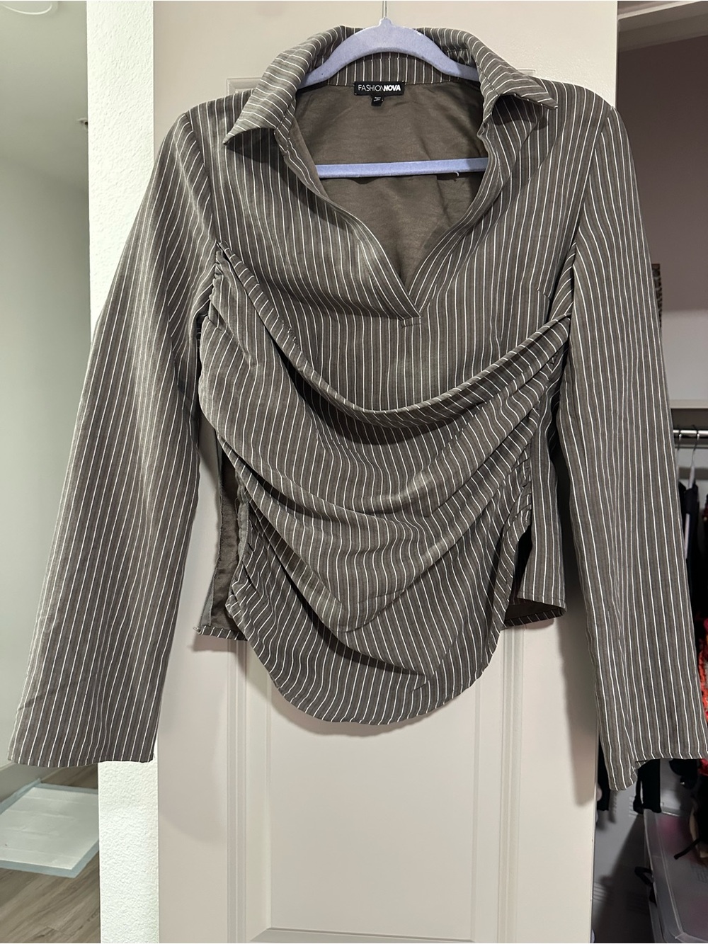 Fashion Nova Olive Gray Pinstripe Draped Collared Blouse
